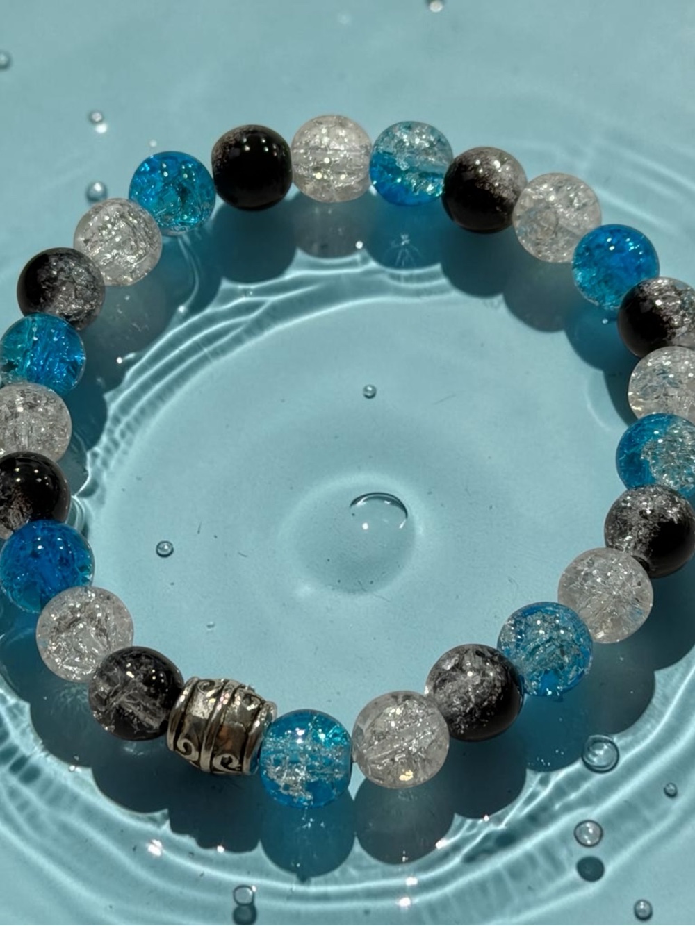 Blue, White & Black Beaded Stretch Bracelet